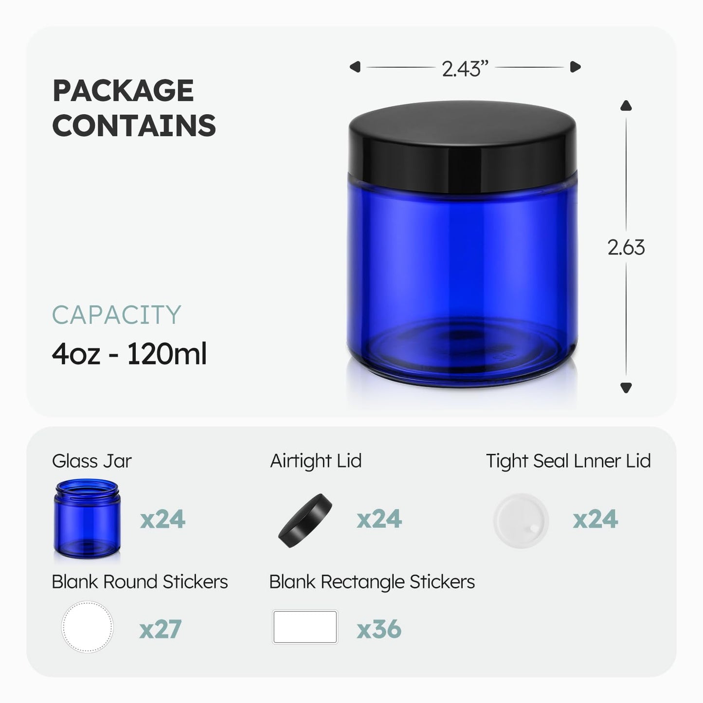 4 oz Glass Jars with Lids, 24 Pack Blue Small Glass Jars with Black Lids Leakproof Round Airtight Empty Cosmetic Travel Containers with Inner Liners For Lotions Powders and Candle Making