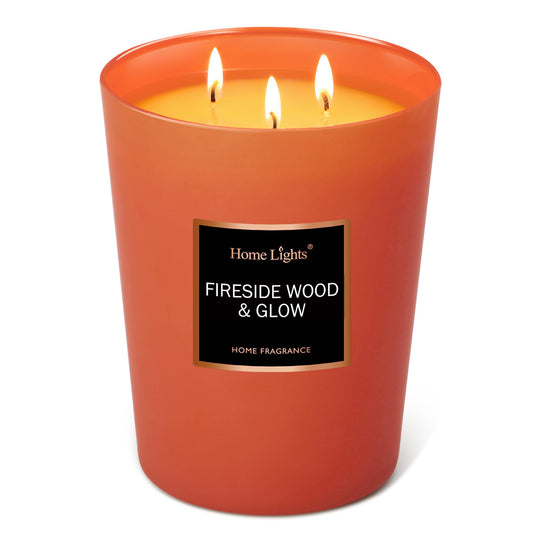 HomeLights Scented Candles - Large Jar Aromatherapy, Natural Soy Wax, 130 Hour Long Burning, Fireside Wood & Glow