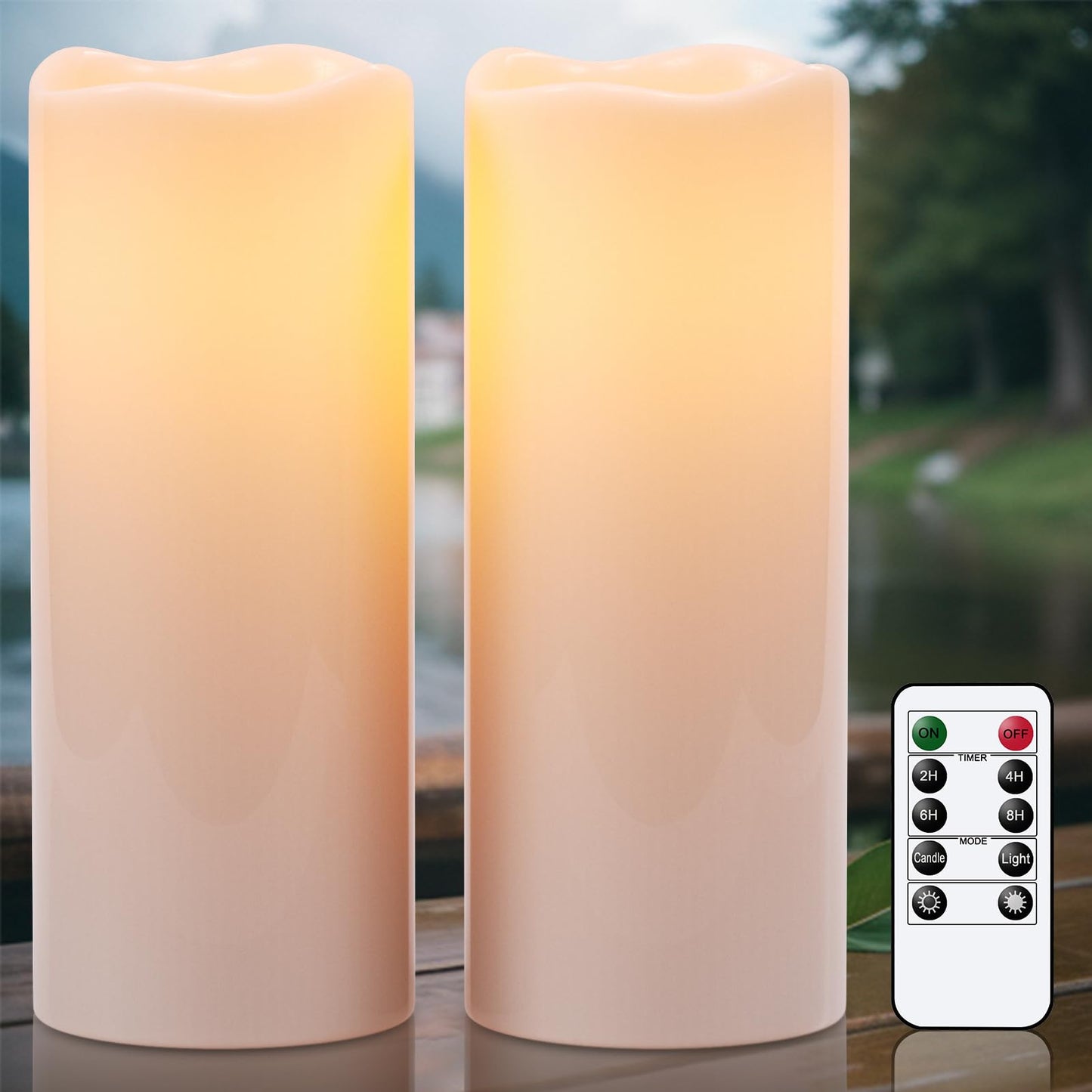 Eldnacele 10"×4" Large Waterproof Outdoor Flameless Candles Remote and Timer, Battery Operated White Plastic LED Flickering Pillar Candles 2 Pack for Dinner Wedding Porch Garden Lanterns Home Decor
