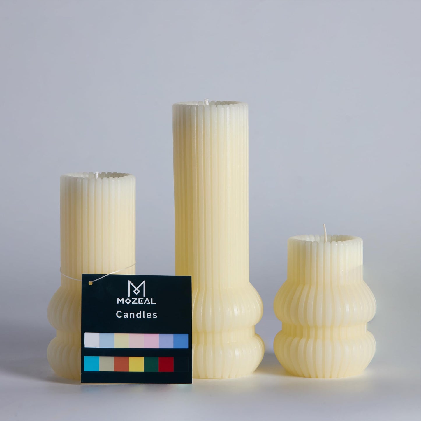 MOZEAL Hand-Poured Curved Ribbed Soy Blend Pillar Candles Set of 3 - Decorative Ivory Unscented Dripless Smokeless (3x4,6",8") 300 Hr Burn - Cozy Ambiance