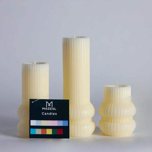 MOZEAL Hand-Poured Curved Ribbed Soy Blend Pillar Candles Set of 3 - Decorative Ivory Unscented Dripless Smokeless (3x4,6",8") 300 Hr Burn - Cozy Ambiance