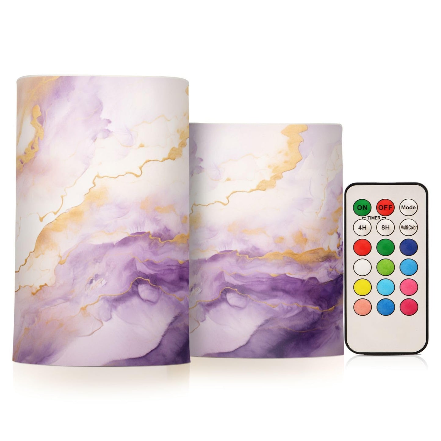 BOENLE Flickering Flameless Candles, Purple Gold Marble LED Candles with Remote Timer, Set of 2 Battery Operated Candle for Valentine Wedding Birthday