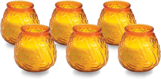 Sterno Euro-Venetian Wax Candle Pack - Decorative Candles for Centerpieces, Candle Set with Colorful Glass Candle Holder - Long Lasting Candles, Burns Up to 45 Hours - Pack of 6, Amber