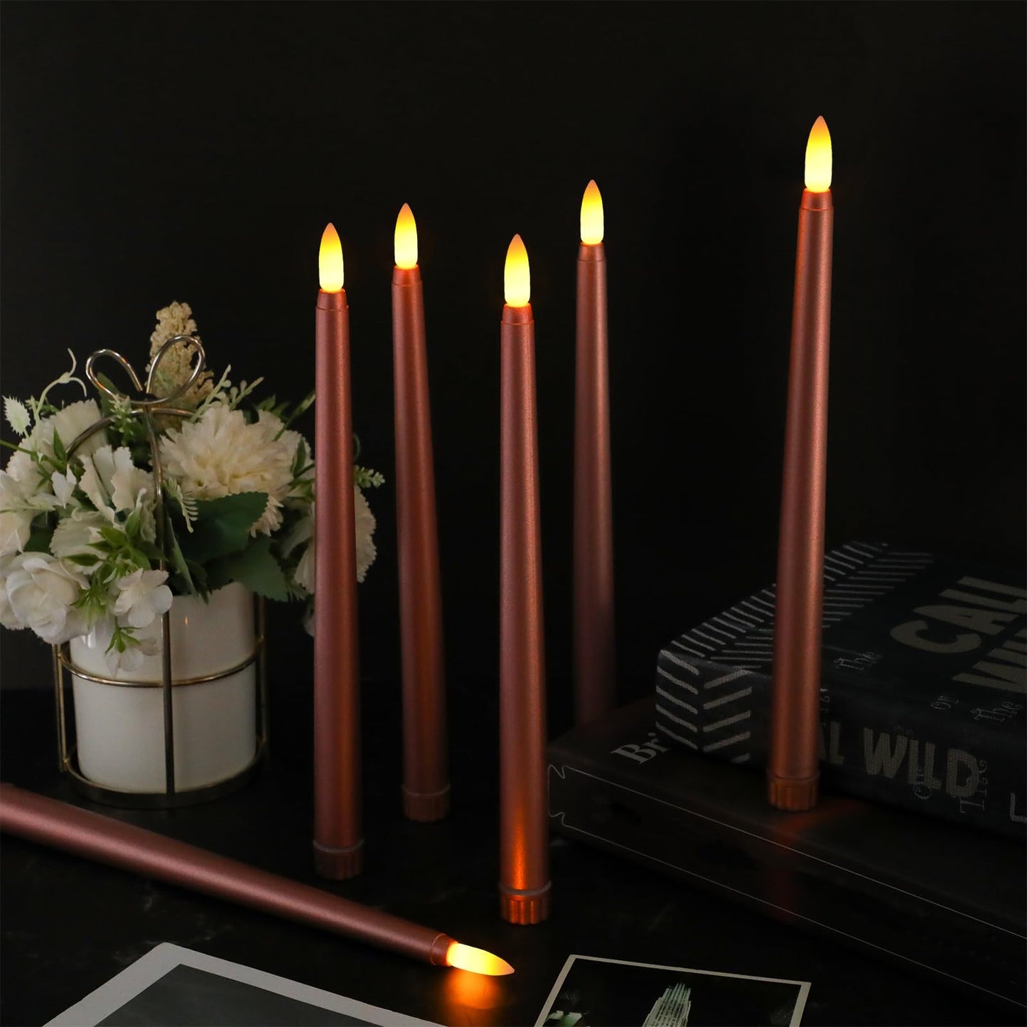 Macarrie 24 Packs Flameless Taper Candles Battery Operated Fake 11 Inch Long Candlelight LED Flameless Candlesticks Flickering Tapered for Spring Summer Wedding(Rose Gold)