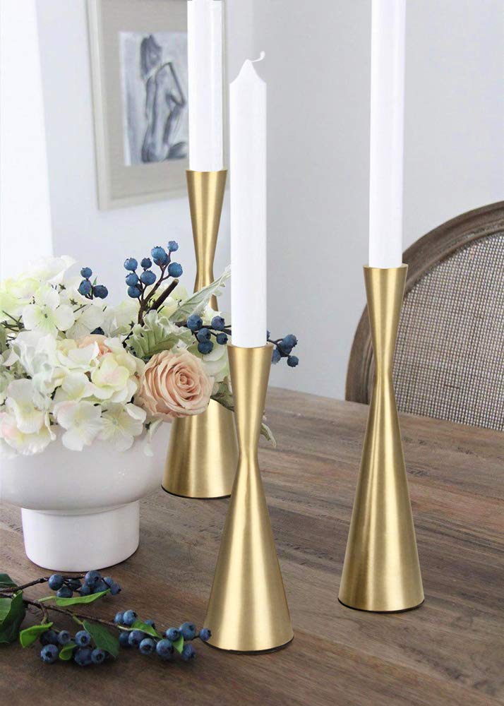 Vixdonos Brass Gold Taper Candlestick Holders Metal Candle Holders Set of 3 Table Mantel Decorative Candle Stand for Wedding, Dinning, Party,Home Decor (Gold)