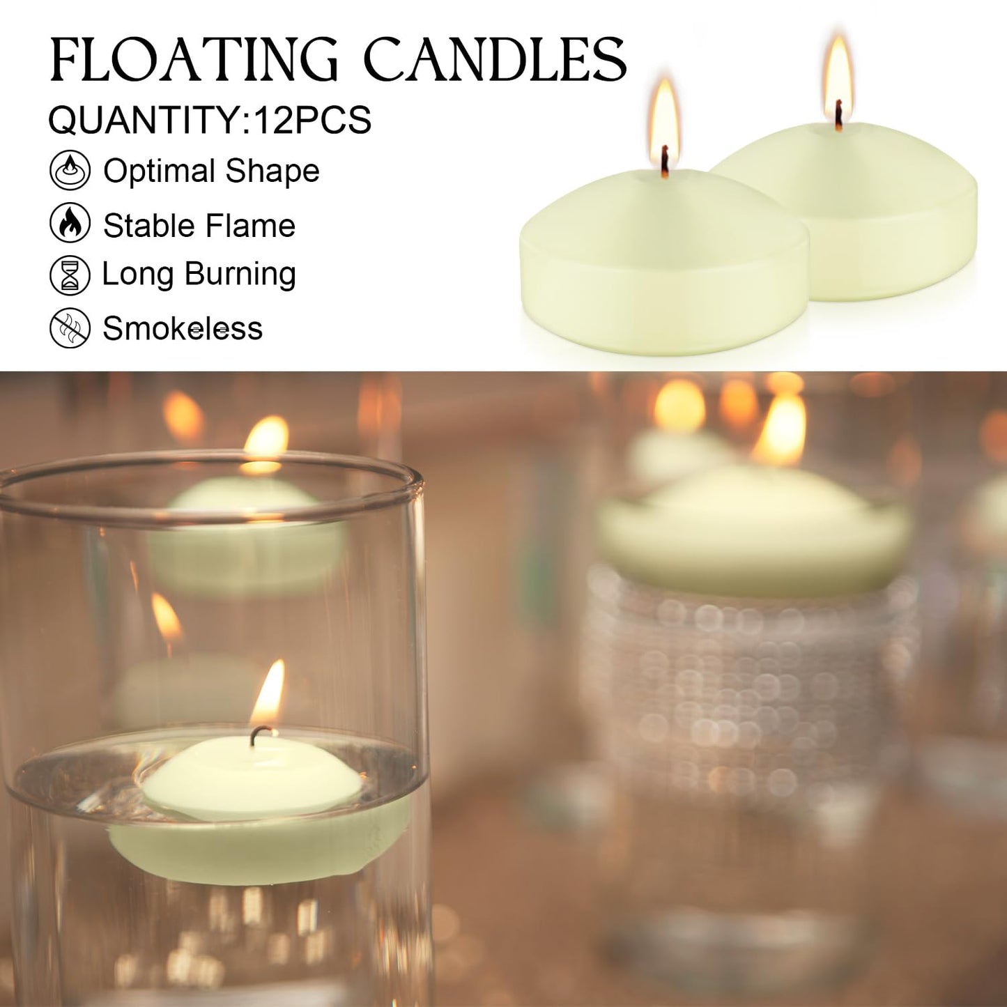 12 Pcs 3 - inch Floating Candles, Smokeless and Odourless, Burns for 8-10 Hours, Ivory, Suitable for Festivals, Weddings, Holidays, Home Decoration.