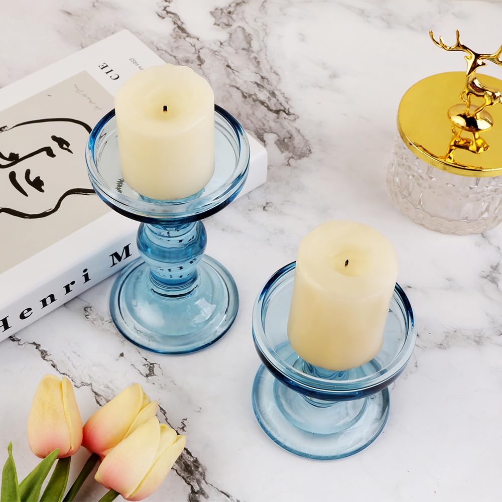 BTGLLAS 3-Piece Set of Blue Glass Candlestick, Crystal Candlestick Holder Holder and Conical Candle, Christmas Candle Holder Decoration, Family Living Room Wedding Candle Holder (Blue)