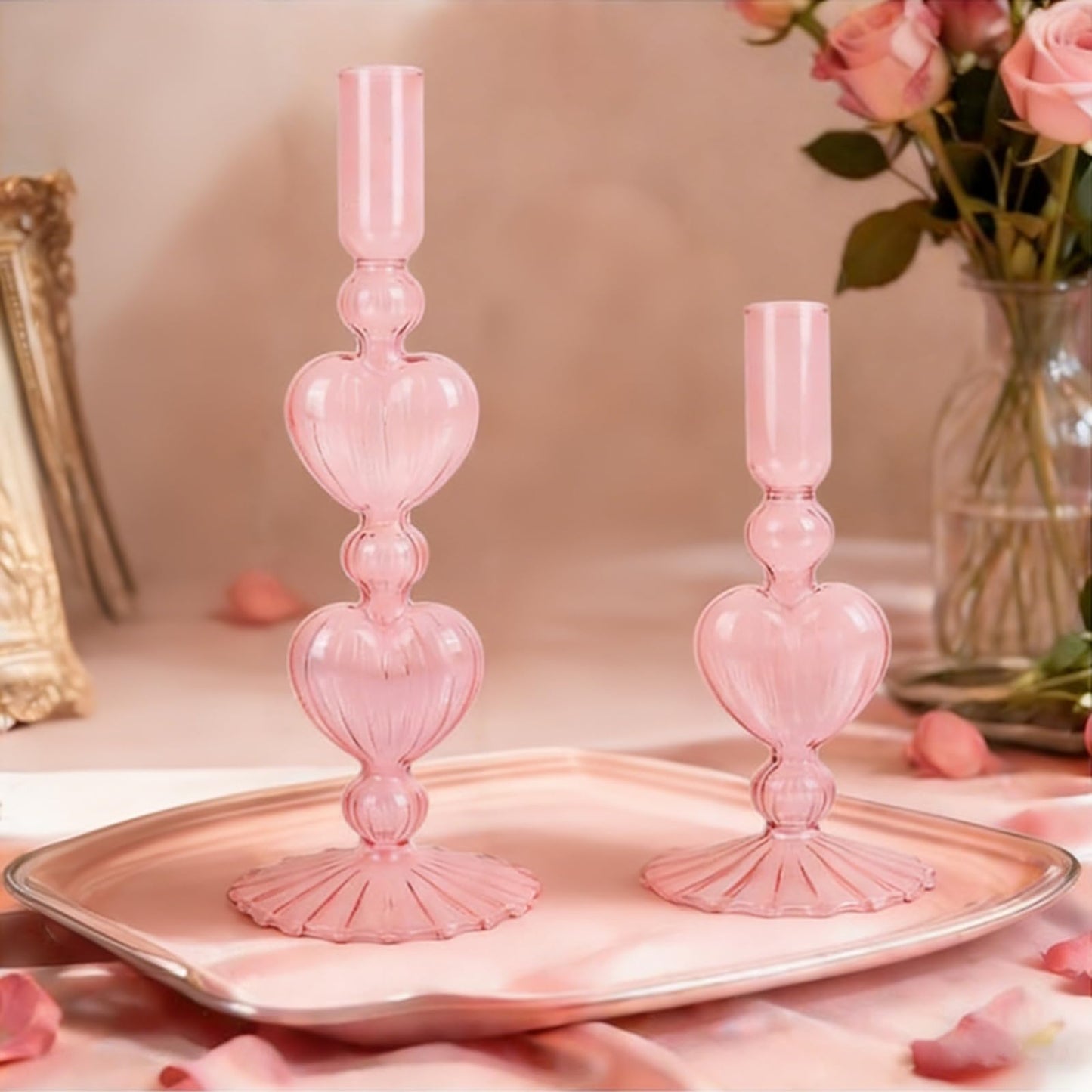 JarThenaAMCS 2Pcs Valentine's Day Glass Candlestick Holders Pink Heart Glass Taper Candle Holder Valentines Heart Candle Stick Vase Decor for Galentine's Day Wedding Festival Party Table Centerpiece