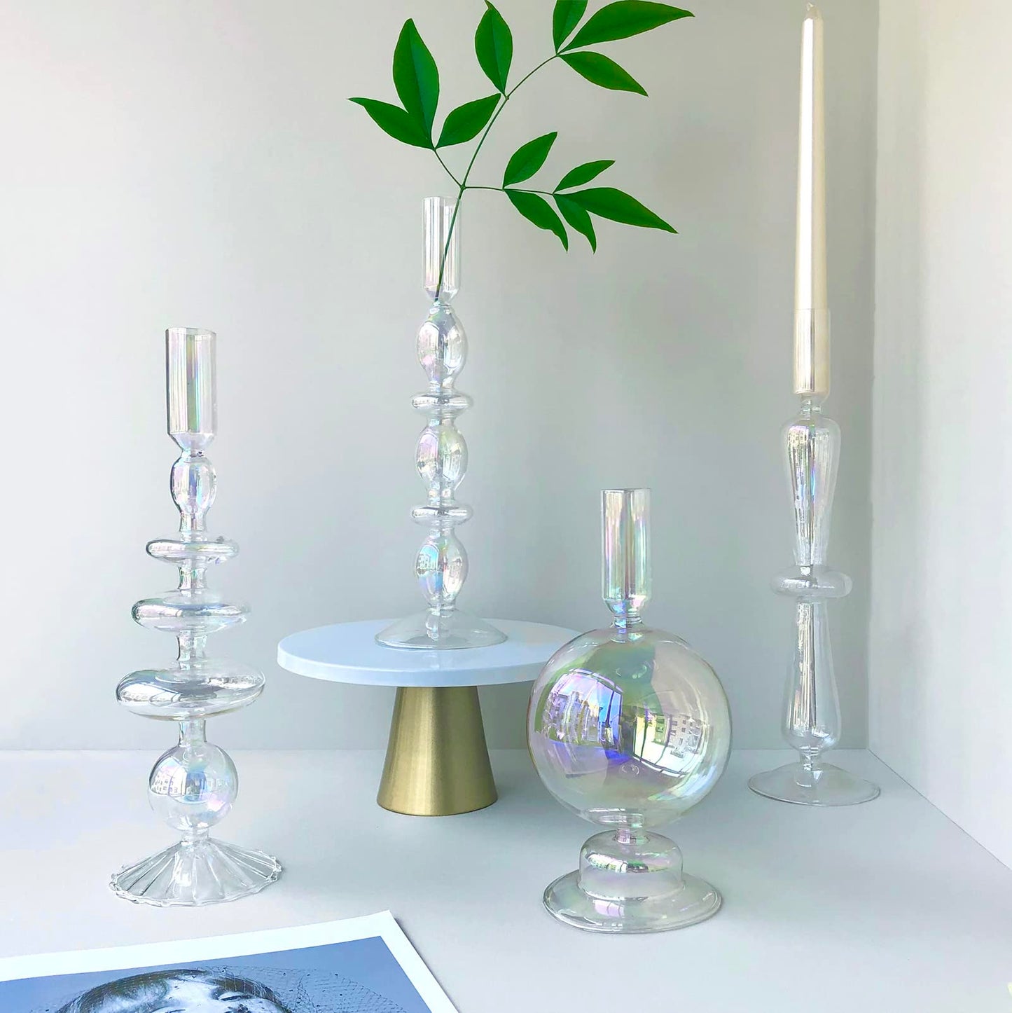 Amanman Candle Stick Candle Holder, Glass Candle Holders for Table Centerpiece, Modern Style Iridescent Candle Holder Mixed 4pcs