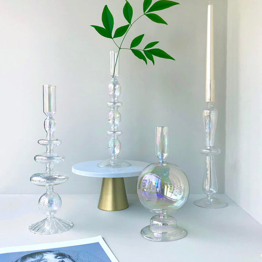 Amanman Candle Stick Candle Holder, Glass Candle Holders for Table Centerpiece, Modern Style Iridescent Candle Holder Mixed 4pcs