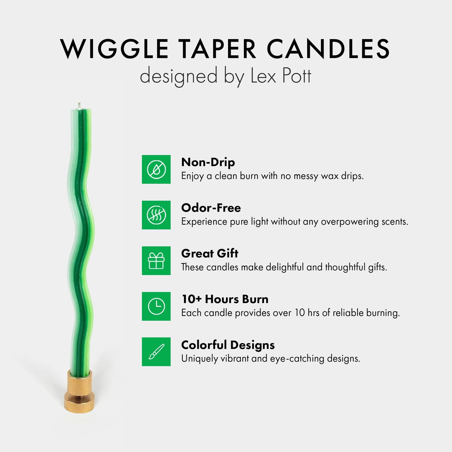Wiggle Candles (2 Pack) - Joyful Dancing Design Taper Candlesticks | Bright Colors | 7/8” diam x 11” Length | Designed by Lex Pott | Made in USA (Triple Green)