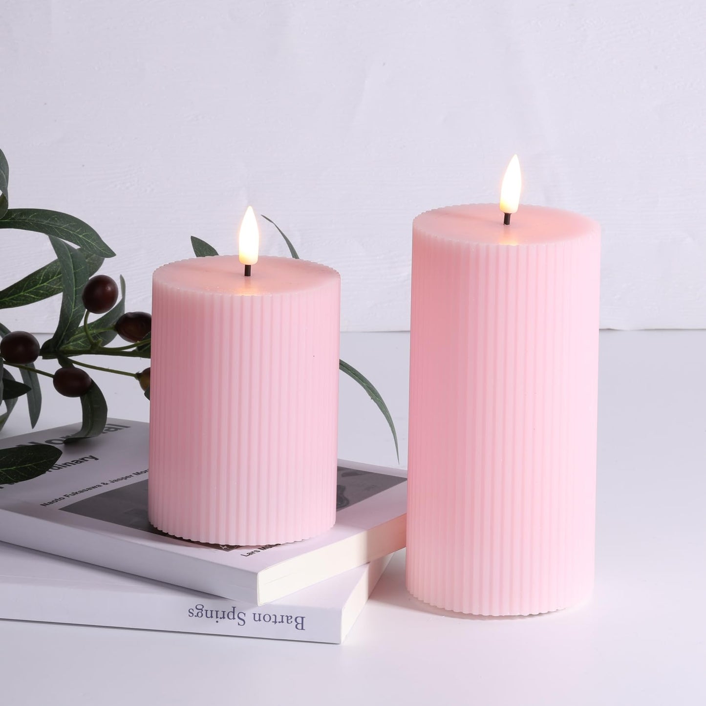 Girimax Pink Ribbed Flameless Pillar Candles with Remote, Flickering LED Wax Candles Battery Operated Set of 2