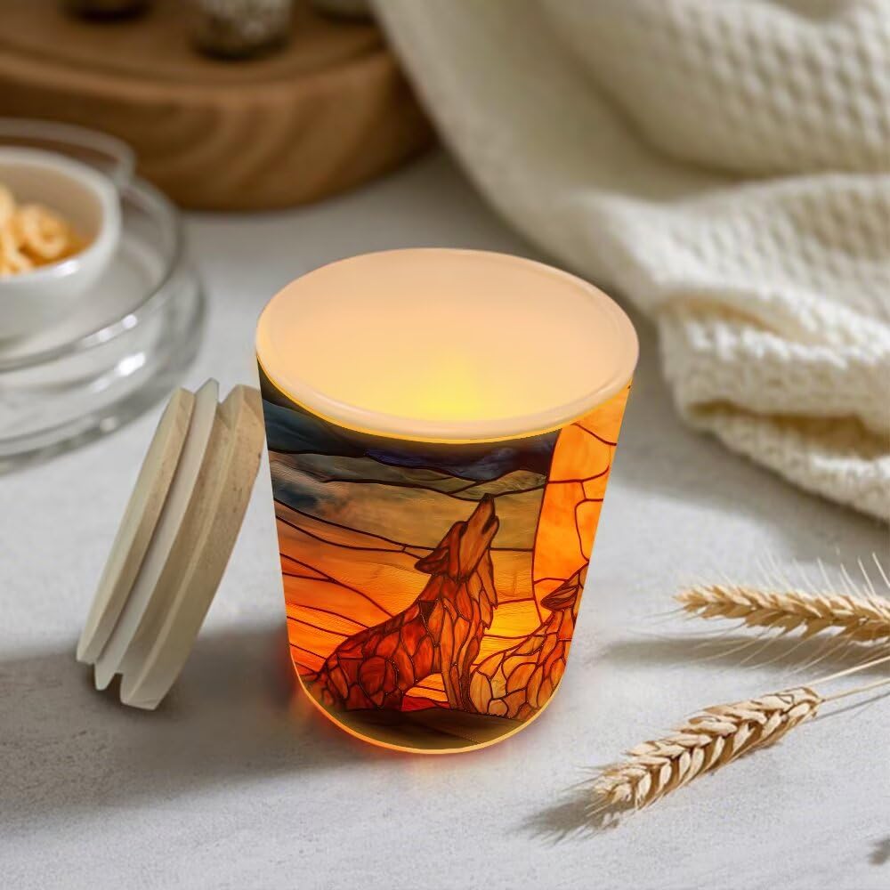 Stained Glass Wolf Howling at The Moon Tea Light Candle Holders, Tealight Candle Holder Jar with Wooden Lid, Votive Candlesticks for Table Centerpieces, Christmas,Birthday Party,Home Decor