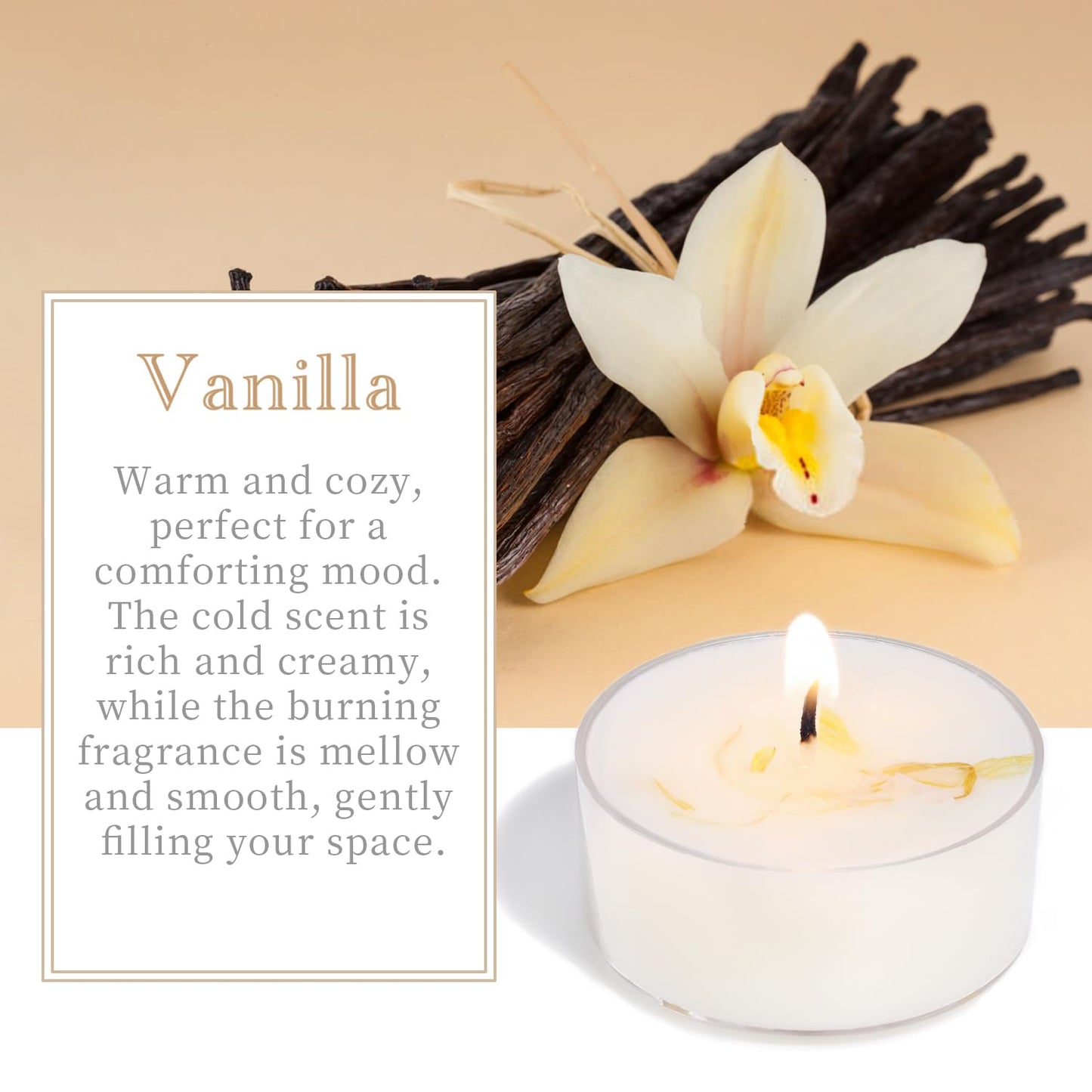 Vanilla Scented Tealight Candles, 48 Pack- Extended 4-5h Clear Cup Scented Tea Lights with Handmade Floral Surface, 100% Natural Palm Wax Tealights Smokeless for Home Cozy Night, Holidays