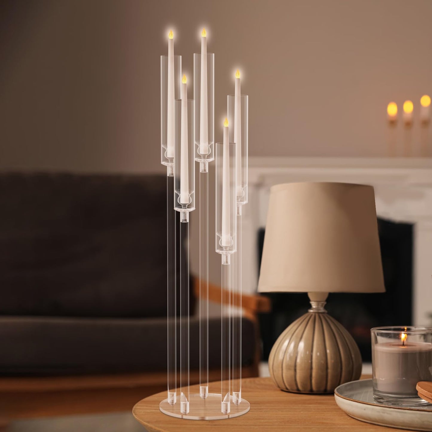 4 Pack Acrylic Candelabra Centerpieces, 5 Arm Clear Candlestick Holder with Acrylic Shade, 3 Height Adjustable Taper Candle Holder for LED Candles (Diameter ≤0.86”), Wedding Table Decoration 8pcs