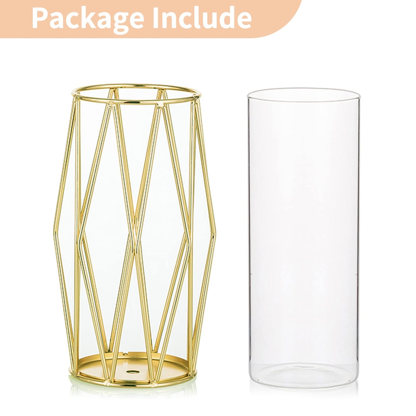 Nuptio Gold Pillar Candle Holder: Glass Hurricane Candles Holders with Geometric Metal Rack Stand for Wedding Birthday Party Centerpieces - Decorative Flower Vase for Office Living Room