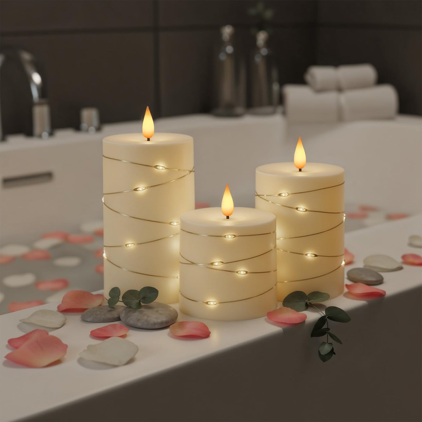 Raycare Flameless Candles with Remote Timer, Flickering Battery Operated LED Pillar Fake Candle with String Lights for Home Decor, Christmas, Wedding and Gift, Ivory, Set of 3