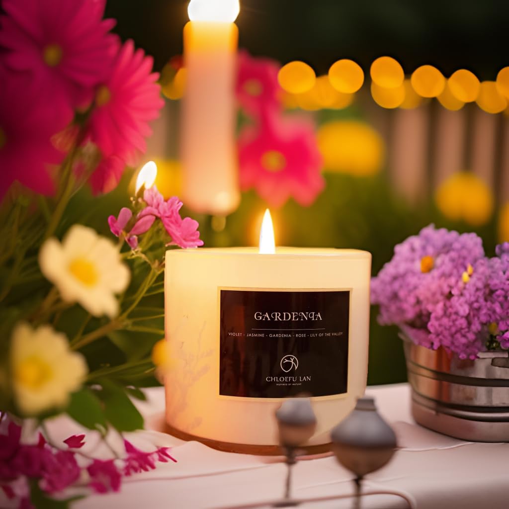 Chloefu LAN Gardenia Scented Candles - Highly Scented, 7.1oz|45 Hour Long Burning, Gifts for Women, 100% Natural Soy, Home Decor, White Glass Jar With Gift Box 2 Pack
