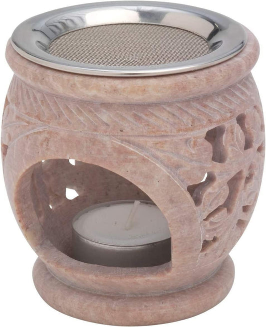 Soapstone Incense Burner by MaMeMi – 3.3 in Tall, 3.3 in Wide – Unique Natural Color – with Stainless Steel Sieve – TEALIGHT Aroma Warmer for Herbs, Oils, Resin – Handcrafted in India