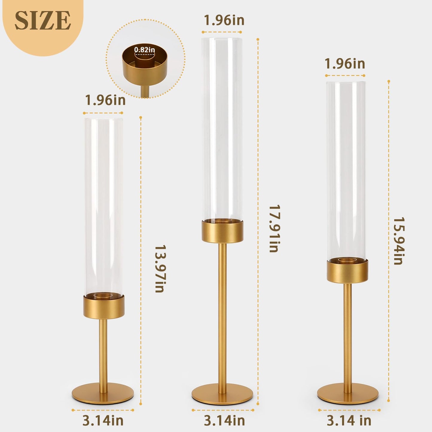 Glass Hurricane Candle Holders Set of 3-Gold Metal Base Taper Candle Stick Holders for CandlesticksHolder Decor, Elegant Dining Table Centerpiece for Wedding, Christmas & Home Decor