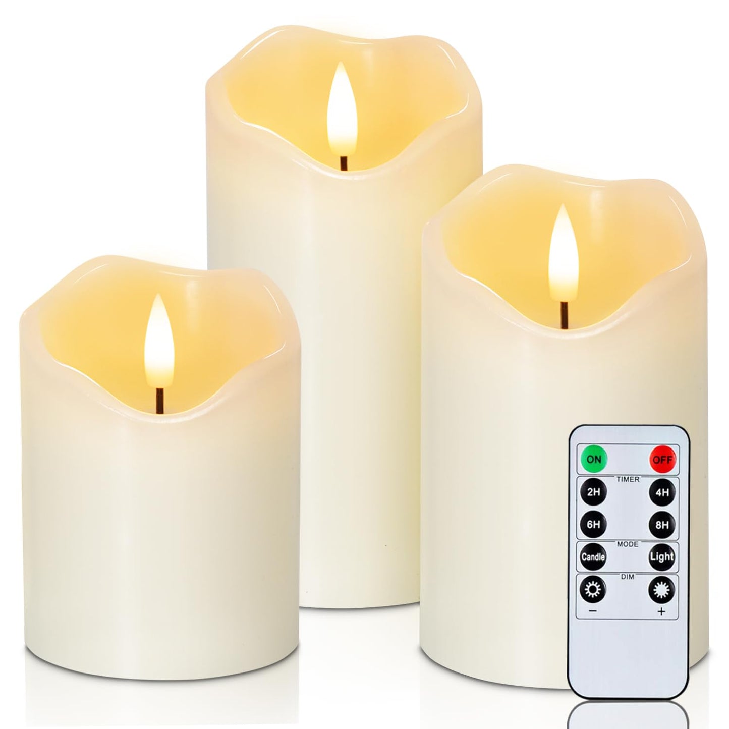 Homemory Flickering Flameless Candles, Realistic LED Candles with Remote and Timer, Real Wax Battery Operated Candles, Set of 3, Ivory