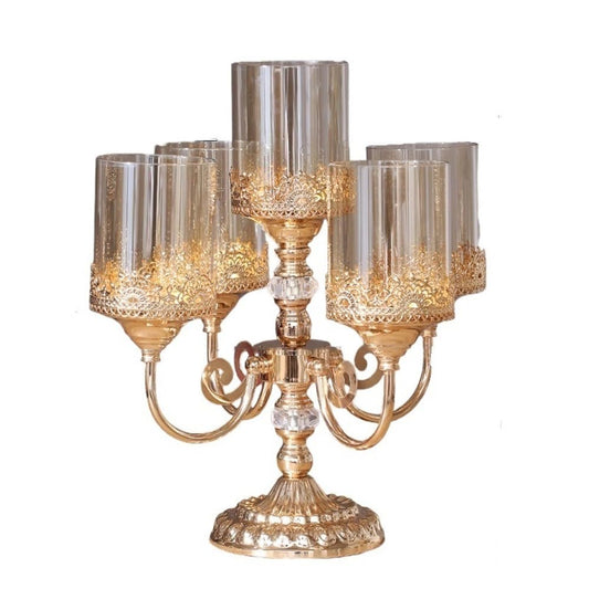 cfycfy987 Candelabra Luxury Metal Glass Five-Headed Candlestick Vintage Living Room Dining Table Decoration Candle Holder Ornament Candle Sticks Holder