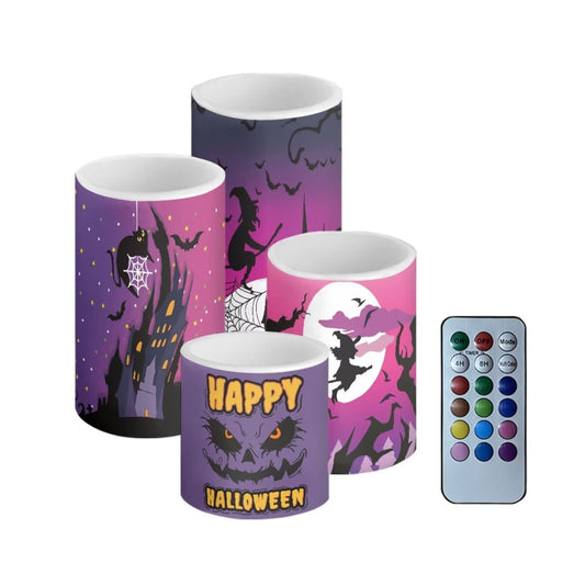 Merkmak 4Pcs Battery Operated Flameless Candles with Timer Remote Halloween Witches Haunted House Flickering LED Candles for Indoor Outdoor Trick or Treat Party Decorations