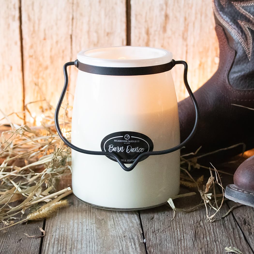 Milkhouse Candle Company Barn Dance Soy Candle - Bergamot | Patchouli Leaves | Sandalwood Scented - 22 oz Butter Jar with Lid, 120+ Hour Burn Time, Made in the USA