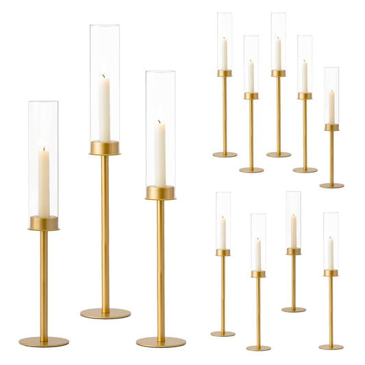 Hewory Gold Tall Hurricane Candlestick Holders: 12Pcs Brass Taper Candle Holder Candelabra Centerpieces, Candle Stick Holders with Candle Cover for Wedding Dinner Christmas Decor