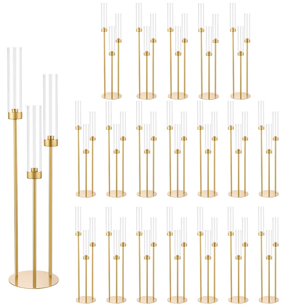 Vincidern 20pcs Gold Candelabra with Acrylic Lampshade, 3 Arm Taper Candle Holder, 33.8 in Tall Metal Candlestick for Table Centerpieces, Halloween, Christmas, Wedding Decor
