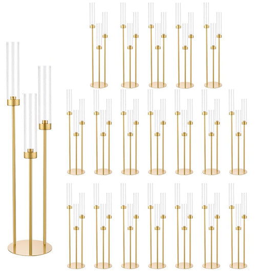 Vincidern 20pcs Gold Candelabra with Acrylic Lampshade, 3 Arm Taper Candle Holder, 33.8 in Tall Metal Candlestick for Table Centerpieces, Halloween, Christmas, Wedding Decor