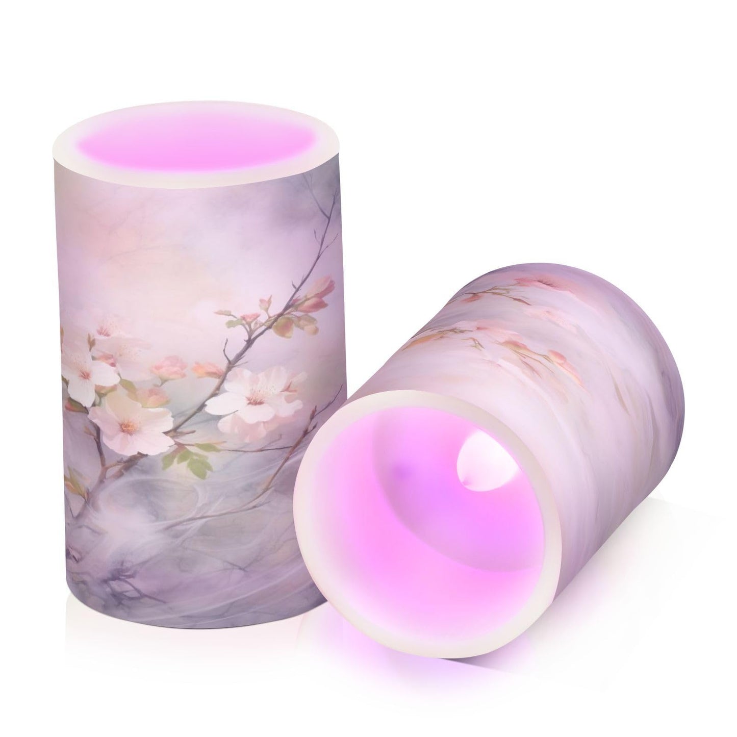 ALAZA Spring Cherry Blossom Flowers Flickering Flameless Candles Battery Operated with Remote Timer,Tea Light Candles LED Pillar Votive Candles Set of 2 for Outdoor Indoor Decorations