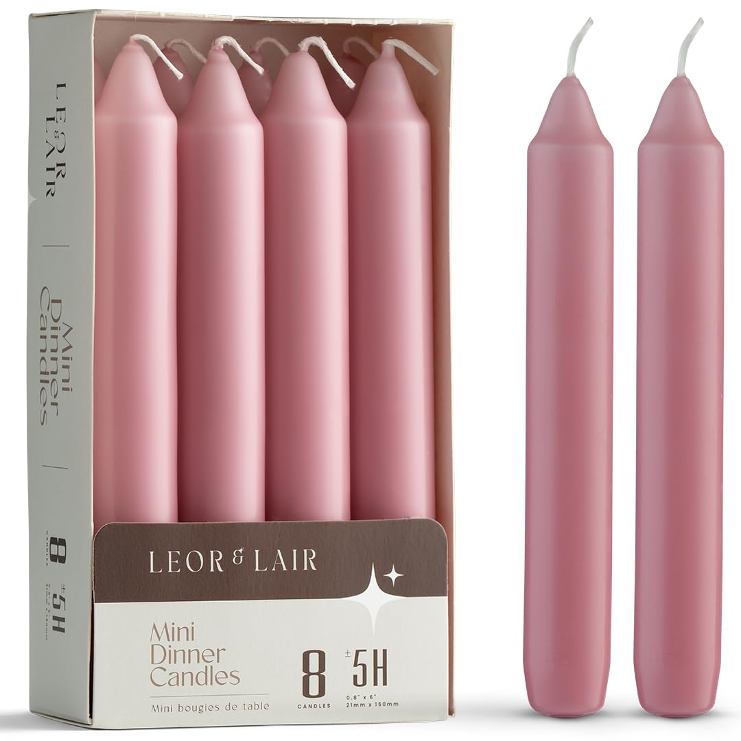 Leor & Lair Light Pink Candlesticks – Pack of 8 Short Taper Candles with Cotton Wick – 5 Hour Burn Light Pink Candles for Weddings, Valentine’s Day & Romantic Décor