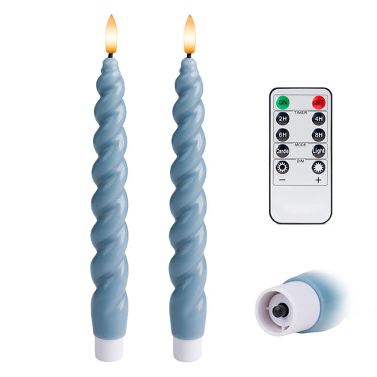 West Ivory Full Twisted Spiral Flameless LED Taper Candles – Dusty Blue, Set of 2 – 2/4/6/8-Hr Timer (24-Hr Memory), Remote, Dimmable, Bottom On/Off Button, Flicker/Steady, Battery Operated