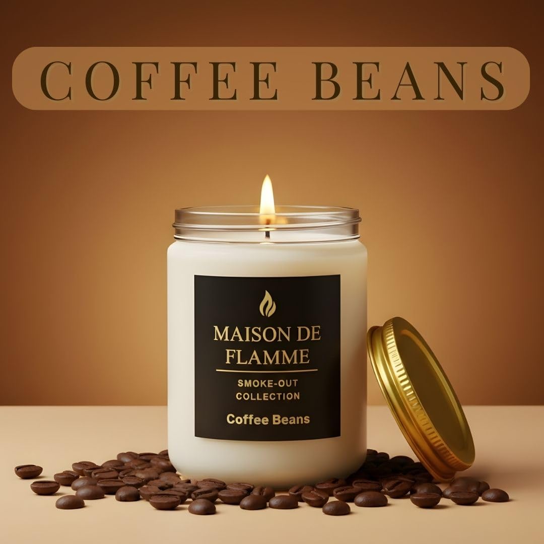 MAISON DE FLAMME Coffee Beans Odor-Eliminating Scented Candle, 200g/7oz White Jar – Long-Lasting Soy Wax Blend Candle for Smoke, Kitchen & Home Odors