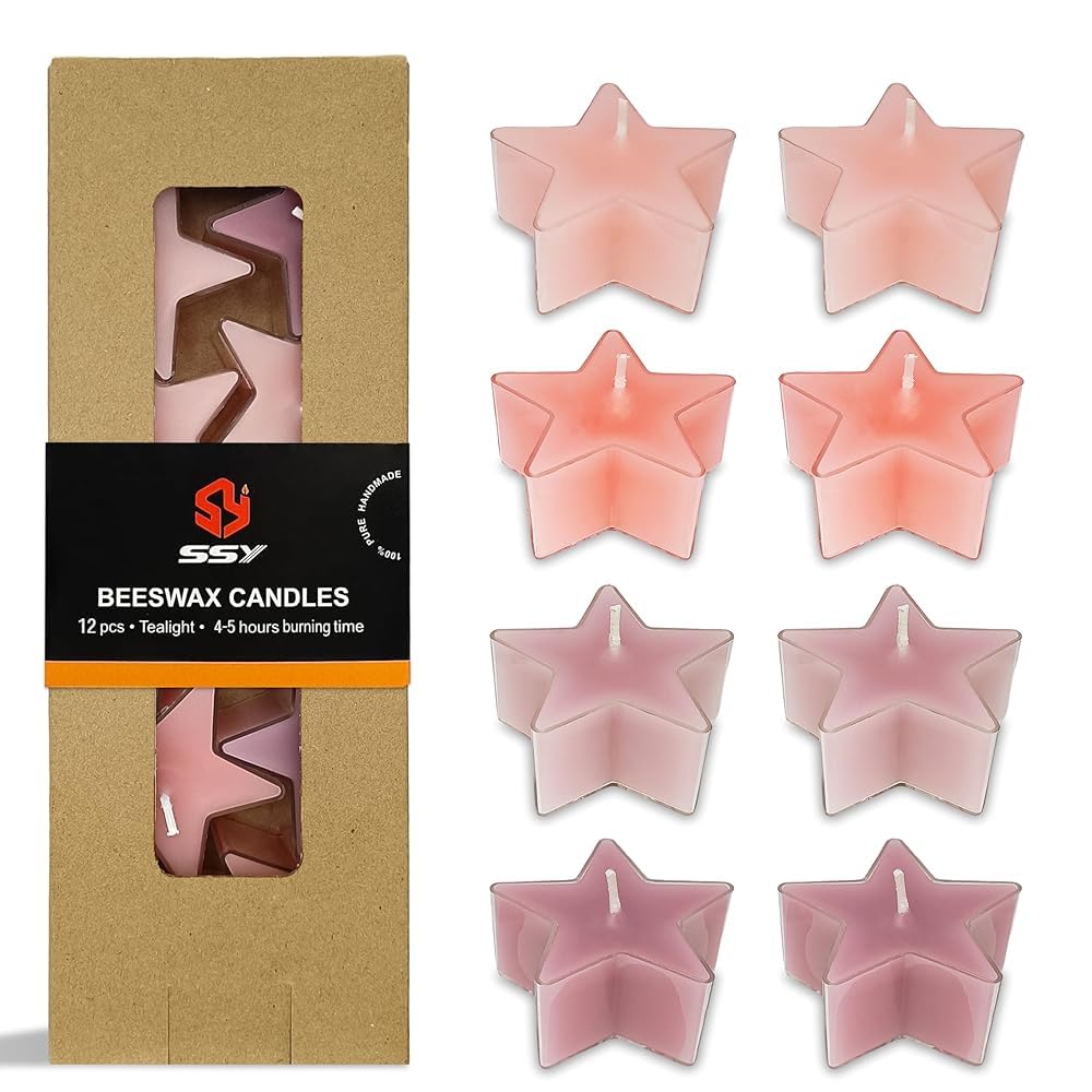 Tea Lights Gradation Pink Star Tea Candles Set of 12 – Tealight Candles with Rose Scent, Long Burning Handmade Tealights for Wedding Meditation Home Decor Gift