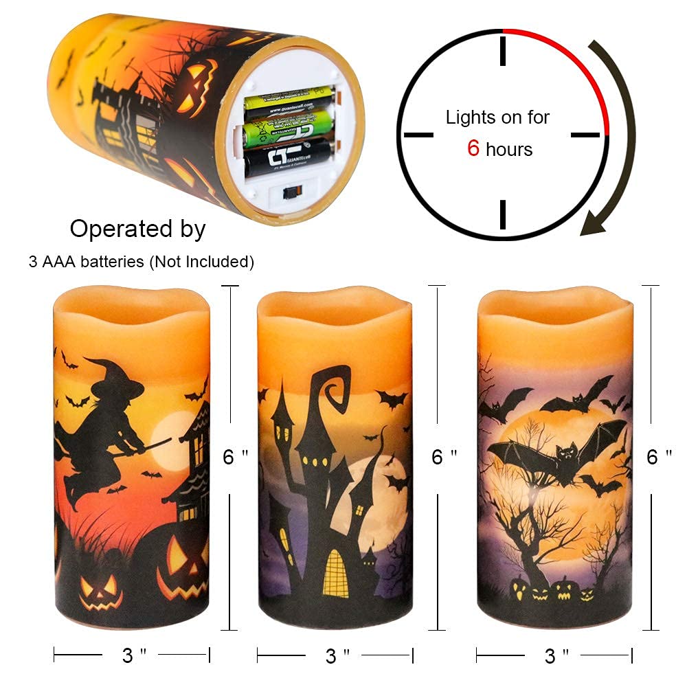DRomance Halloween LED Flameless Pillar Candles Battery Operated with 6 Hour Timer Set of 3 Orange Wax Warm Light Flickering Witch Bats Castle Spooky Decals Halloween Decor Gifts(3 x 6 Inch)