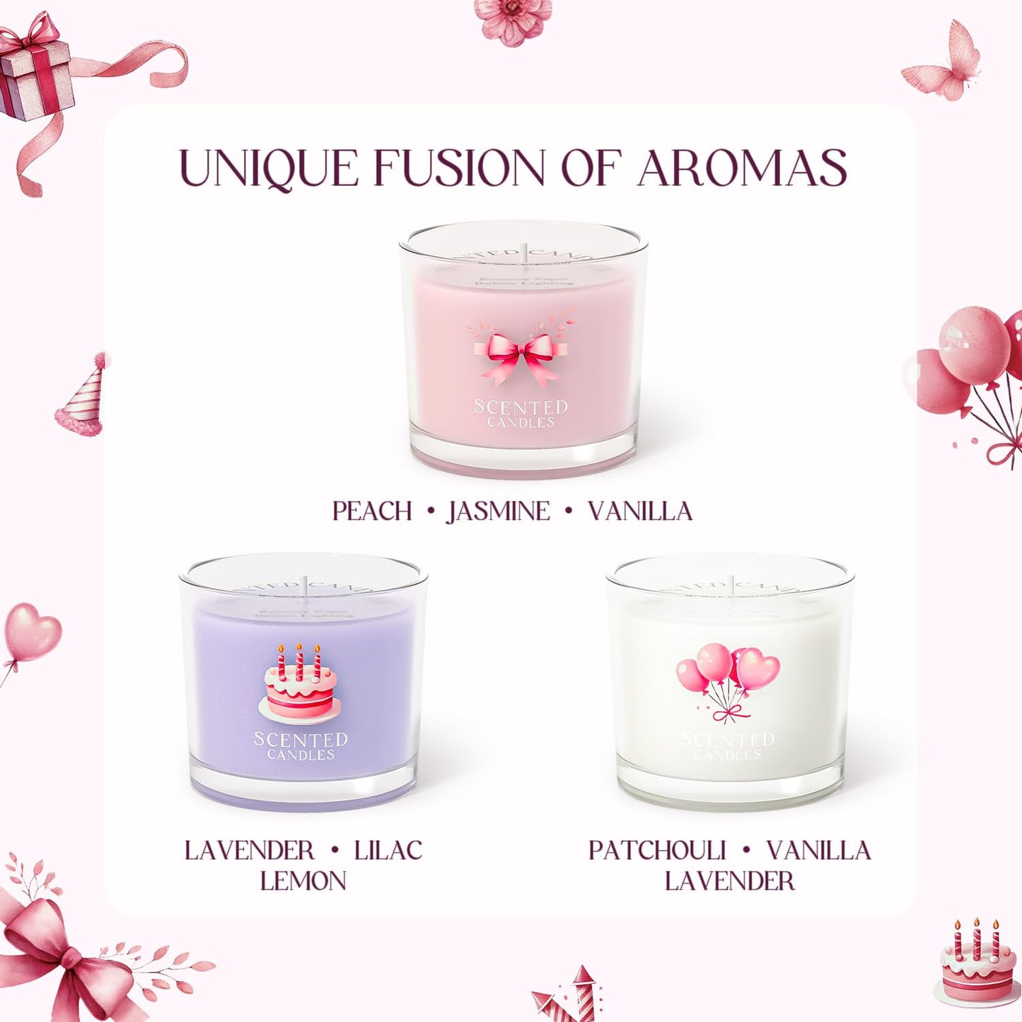 CHILLFLAME Birthday Candles, Scented Candles Gift Set for Stress Relief, 3 Votive Candles for Women and Men, Birthday Candle Gifts for Women (Pink + Purple + White, 7 oz)