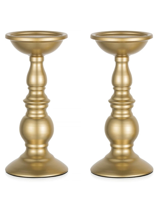 Set of 2 Gold Candlestick Metal Pillar Candle Holders, Flameless Candlestick Holders Stand Centerpieces Decoration Ideal for Weddings, Special Events, Parties