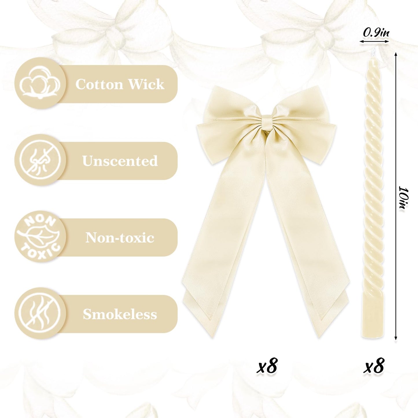 Whaline 8Pcs Spiral Taper Candles with Ribbon Bow Decor Dripless Twisted Wax Candles 10 Inch Long Unscented Candle Sticks for Coquette Bachelorette Bridal Wedding Party (Ivory White)