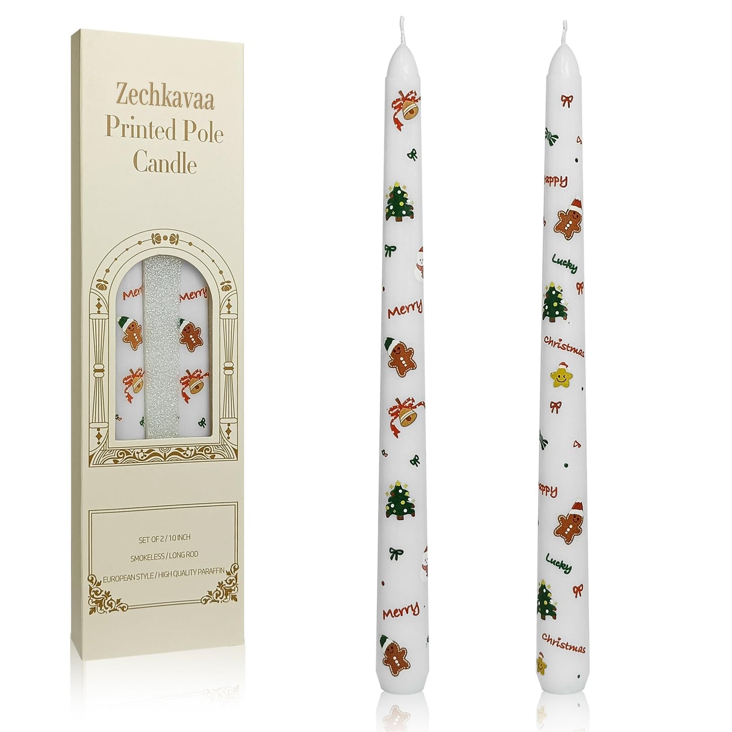 Floral Taper Candles 10 Inch Tall Unscented Handmade Christmas Trees & Gingerbread Man Print Long Burning Elegant Candlesticks for Christmas Decor Gifts