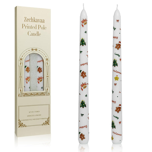 Floral Taper Candles 10 Inch Tall Unscented Handmade Christmas Trees & Gingerbread Man Print Long Burning Elegant Candlesticks for Christmas Decor Gifts