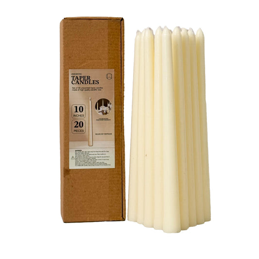 Taper Candles 10 Inch 20 Pack Ivory – CW Studio Unscented Dripless Smokeless Candlesticks, 7-8 Hour Clean Burn – Elegant Dinner Table Centerpiece for Wedding, Holiday Decor & Romantic Dinners