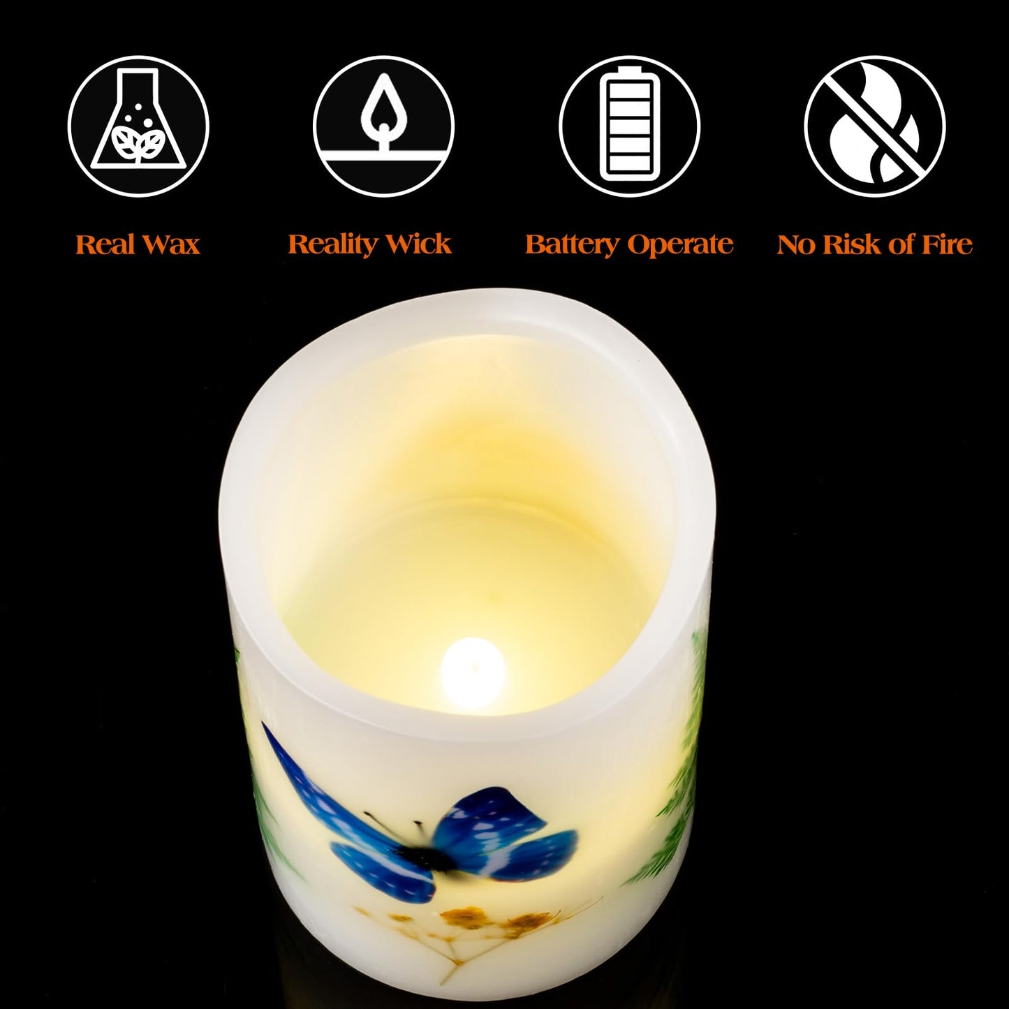 UNIVELA Candles Set of 3 Flameless 4" 5" 6" Unscented Tealight Butterfly Flower Plants Decor Real Wax Pillar Candle LED Lights 12 Color Changing 4H 8H Timer Remote Control AAA Batteries Operated