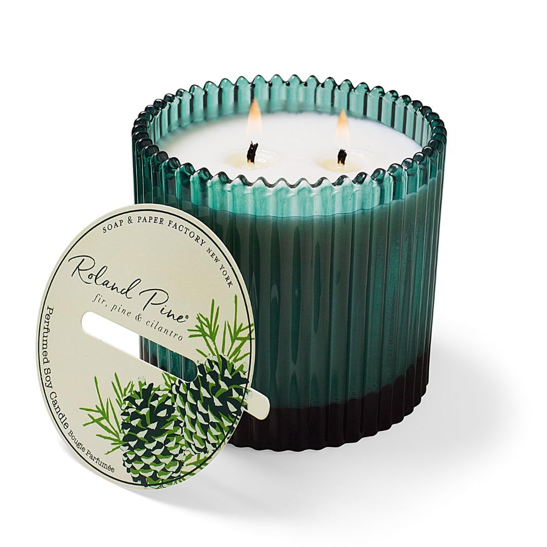 Roland Pine Two-Wick Forest Green Ribbed Glass Candle
