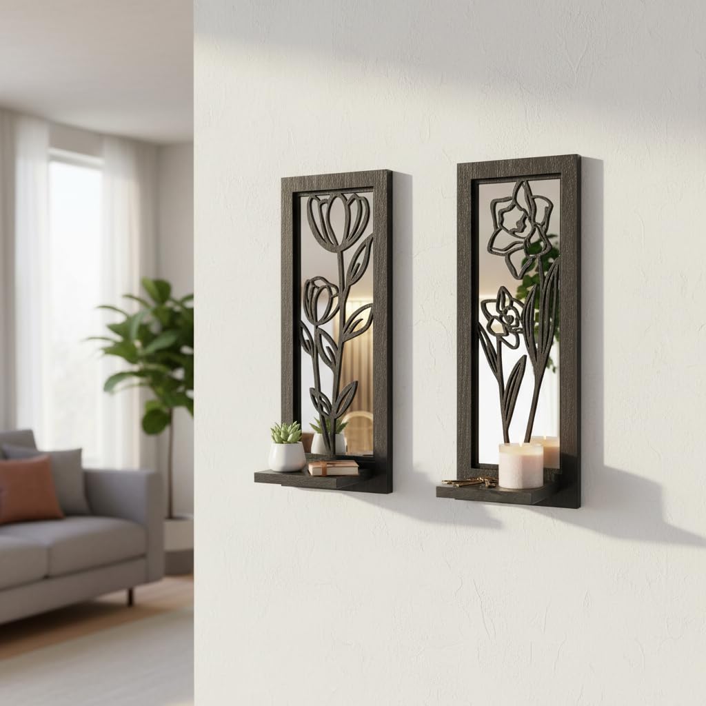 ZEXUIRU 2 Set Rustic Candle Sconces Living Room Bedroom Entryway Wood Mirrored, Farmhouse, Carved Frame Wall-Mount Wooden Candle Holders Wall Decor Hanging Handmade Holder - Black