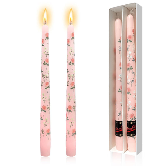 NJAO HOO Flower Candlesticks 10 in Straight Taper Candles Hand Printing Colored Pink Candlesticks Floral Tall Tapered Candle for Spring Home Garden Decor Simple Modern, 2Pcs