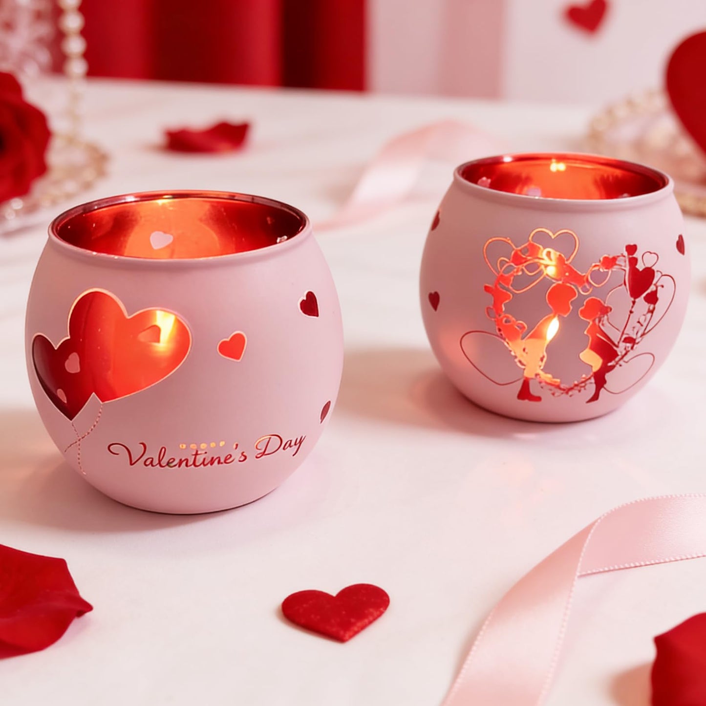Heart Glass Tea Light Candle Holders, Votive Tealight Holder Table, Love Centerpiece Decorations for Valentines Wedding Party Decor (Pink-2)