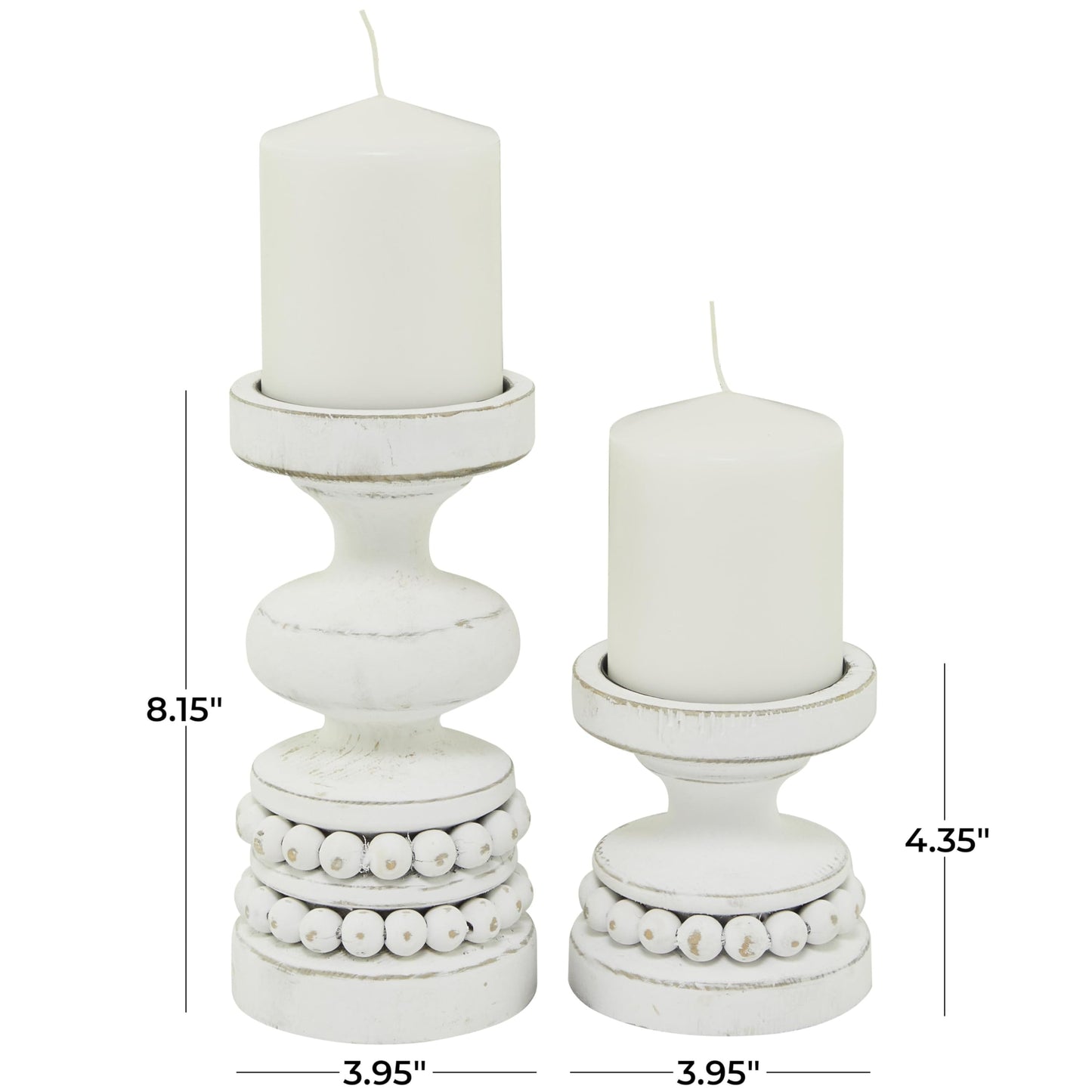 Deco 79 Wood Decorative Candle Holder Beaded Pillar Candle Stand, Set of 2 Candlestick Holder 8", 4"H, White