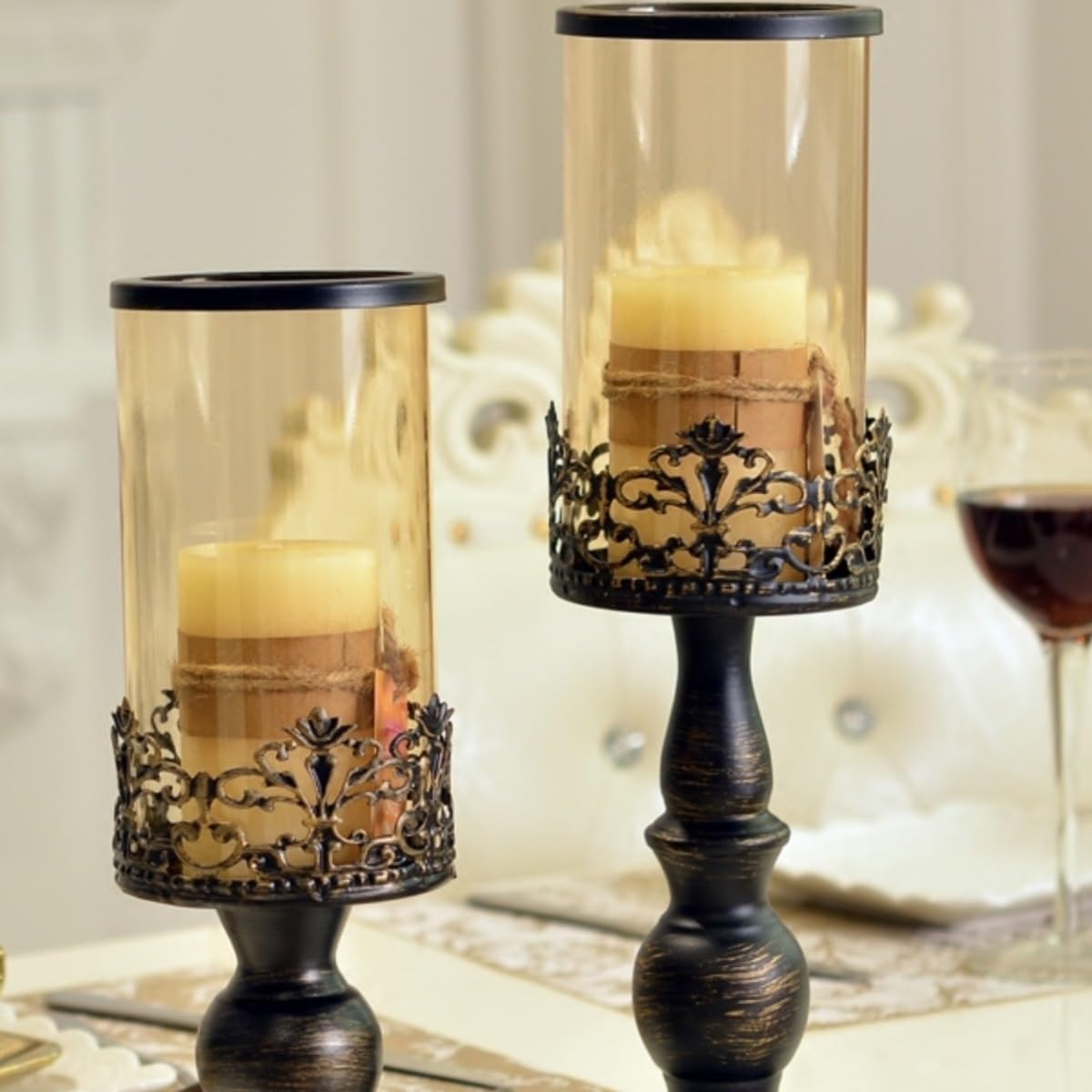 YUHUAWF Candle Holderss Retro Old Candlestick Home Living Room Porch Glass Ornaments Wedding Decoration Candle Holder Decorative Candlestick(Large)